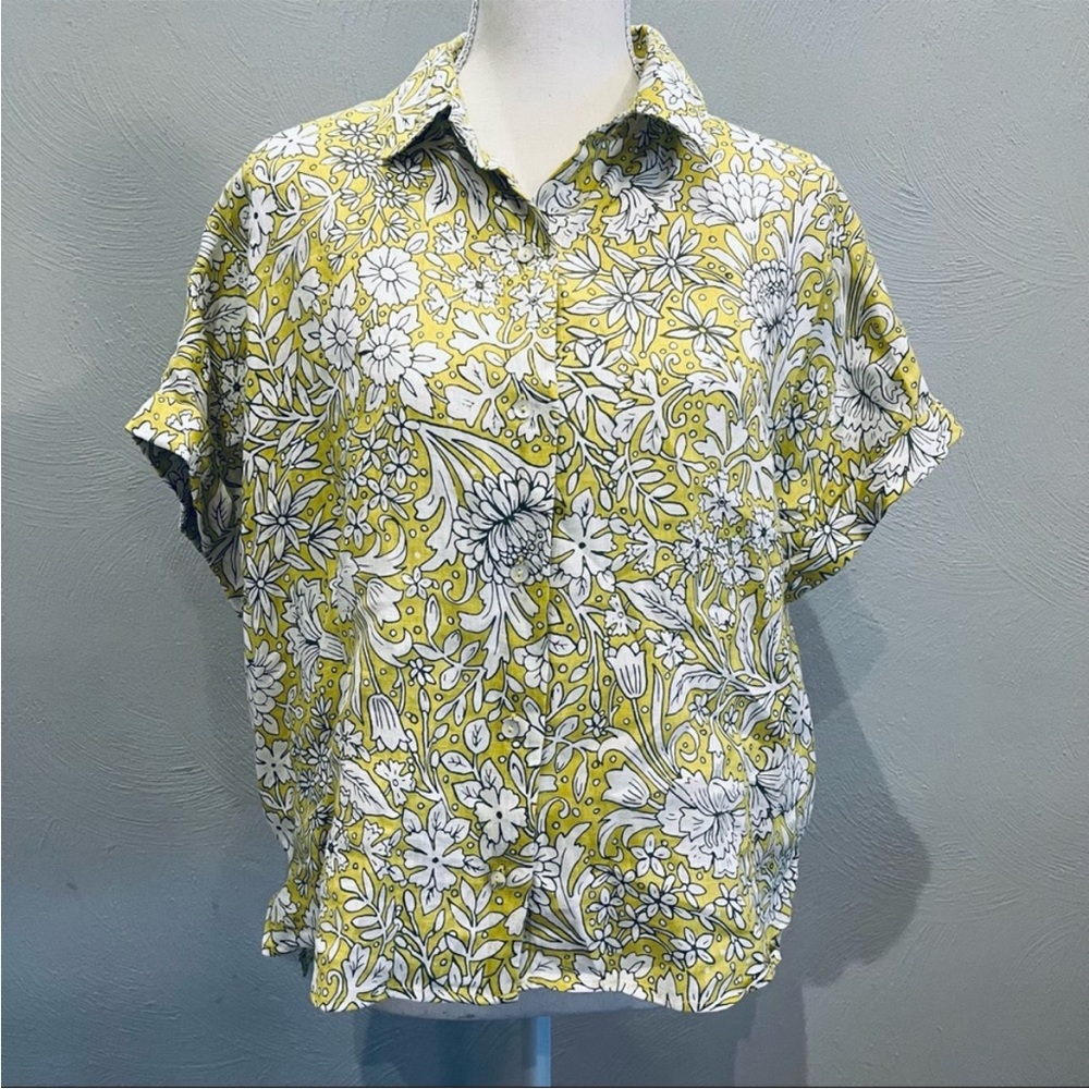 Rachel Ashwell Linen Floral Short Sleeve Button-Up Shirt